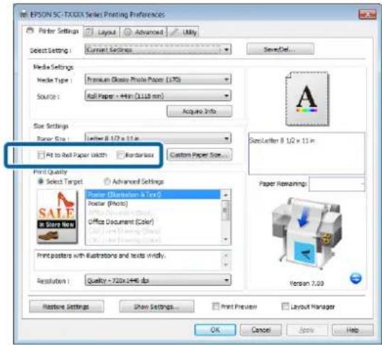 EPSON 5C-TXXXX Series Printing Preferences Printer Settings Layout Advanced Utility Select Setting: Current Settings Save/Def... Media Settings Media Type: Premium (Glass Paper Paper) (170) Source: Roll Paper - 4mm (1118 mm) Acquire Info Size Settings Paper Size: Either 8.1/2 x 11 m Fit to Roll Pape…