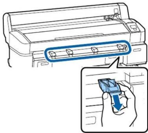 Illustration of a printer with a blue arrow pointing to a hand holding a small object (no text or symbols present)