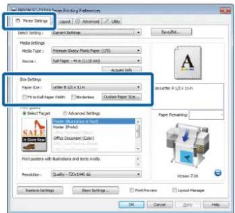 New Document Views Paper Settings Layout Advanced URLs Select Settings Current Settings Save/Off... Media Settings Media Type: Premium Glossy Photo Paper (1/10) Source: Full Paper - 44.6 x (1:10 mm) Acquire Info. Size Settings Paper Size: Letter 8.1/2 x 11x Print to Full Paper Chords Borderline Cust…
