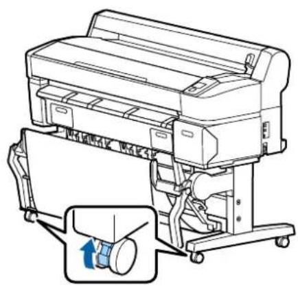 Line drawing of a printer with a paper roll and a blue arrow indicating rotation (no text or symbols)