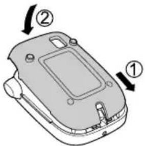 Diagram of a device casing with labeled parts and directional arrows indicating movement or assembly.