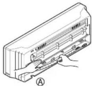 Line drawing of a refrigerant air conditioner unit with hands operating it (no text or symbols)