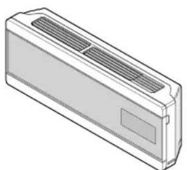 Line drawing of a rectangular air conditioner unit with ventilation slots (no text or symbols)