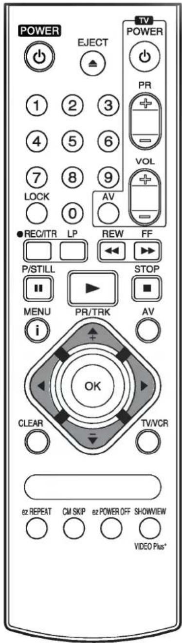 POWER EJECT TV POWER 1 2 3 PR + - VOL 7 8 9 AV LOCK 0 ● REC/ITR LP REW FF P/STILL STOP ■ MENU PR/TRK i AV OK CLEAR TV/VCR e2 REPEAT CM SKIP e2 POWER OFF SHOWVIEW VIDEO Plus+