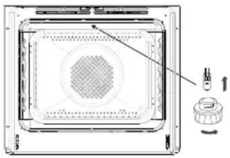 Technical line drawing of a microwave oven with a central grid pattern and a rotary knob (no text or symbols)