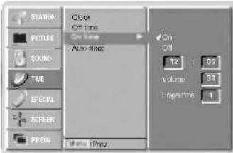 STATION PICTURE SOUND TIME SPECIAL SCREEN PPDM Clock Off time On time Auto steps On Off 12 : 00 Volume : 30 Programme : 1 Show: Prev