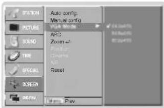 STATION PICTURE SOUND TIME SPECIAL SCREEN AUTO Auto config. Manual config. Auto Zoom +1 Fusion Gamma A3 Reset Prev