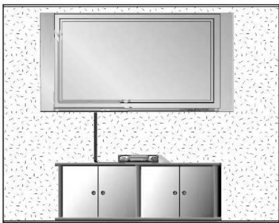 Interior view of a TV setup with a mounted monitor and cabinet (no visible text or symbols)