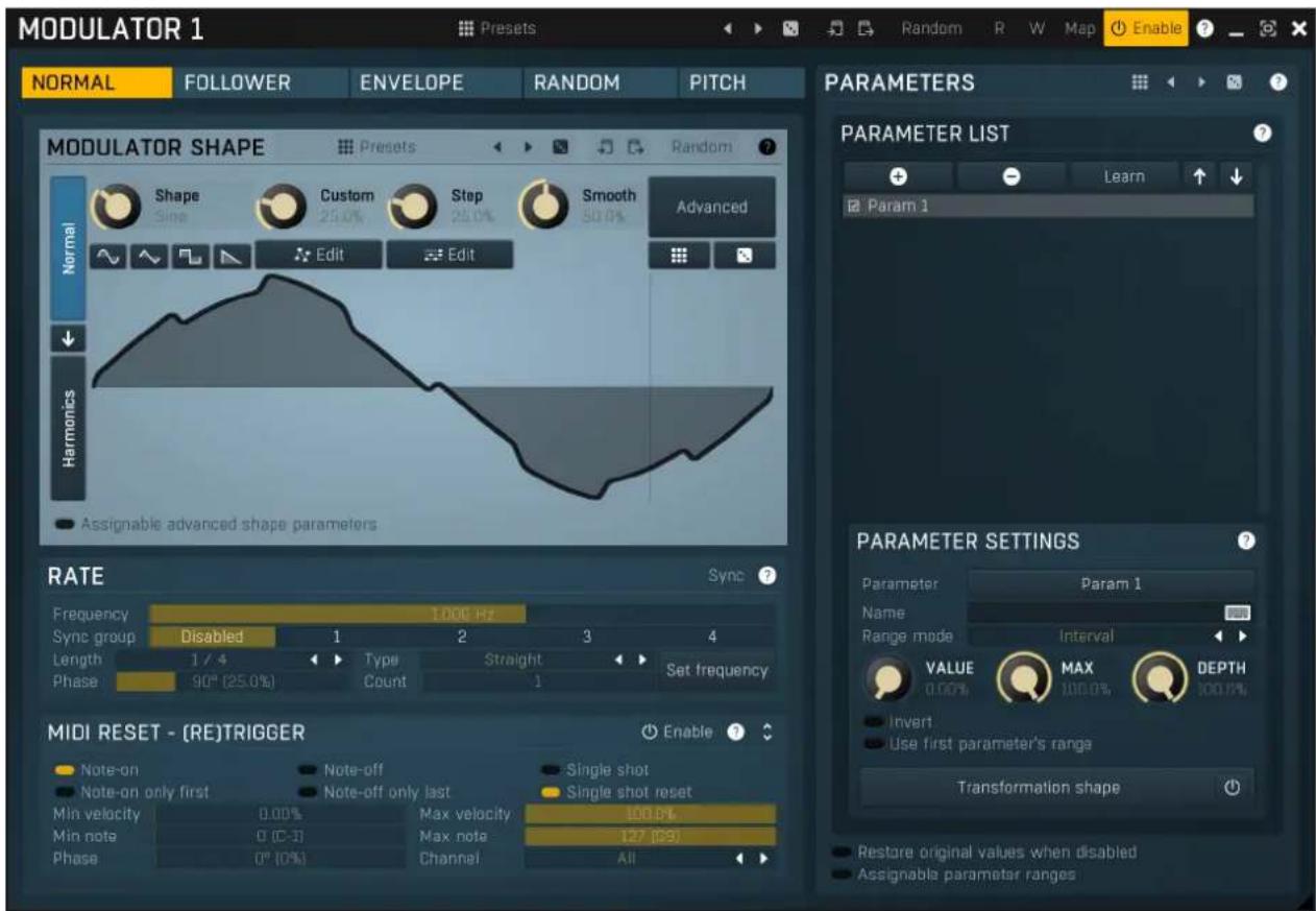 MODULATOR 1 Preset Random R W Map Enable ? NORMAL FOLLOWER ENVELOPE RANDOM PITCH MODULATOR SHAPE Presets Random ? Shape Custom Step Smooth Advanced Size 25.0% 25.0% Smooth 50.0% Normal Edit Edit Harmonics Assignable advanced shape parameters RATE Sync ? Frequency 1000 Hz Sync group Disabled 1 2 3 4…
