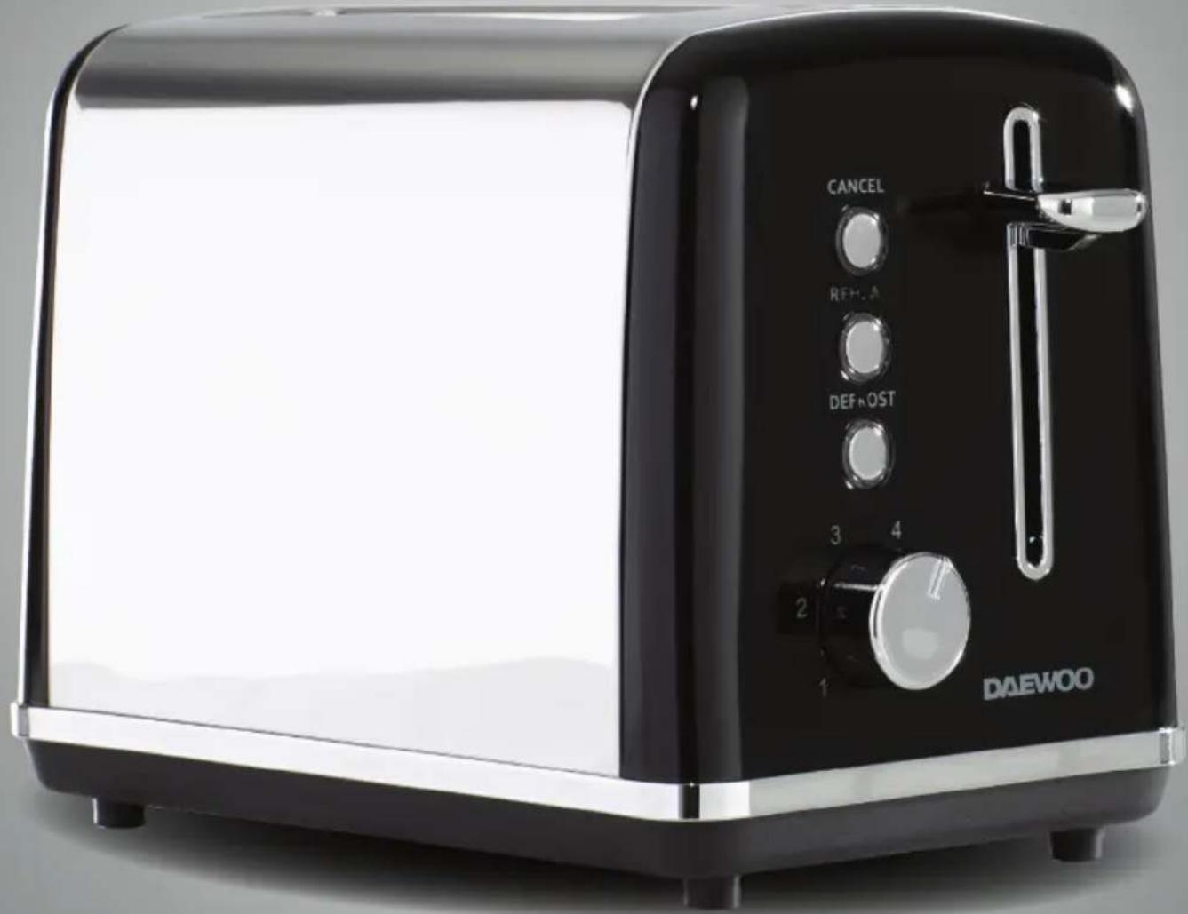 Black DAEWOO 3D renderer toaster with control buttons and a handle (no visible text or symbols on the device body)