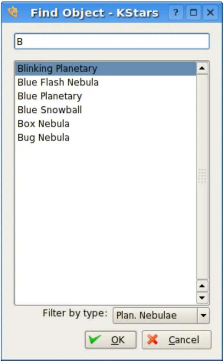 Find Object - KStars B Blinking Planetary Blue Flash Nebula Blue Planetary Blue Snowball Box Nebula Bug Nebula Filter by type: Plan. Nebulae OK Cancel