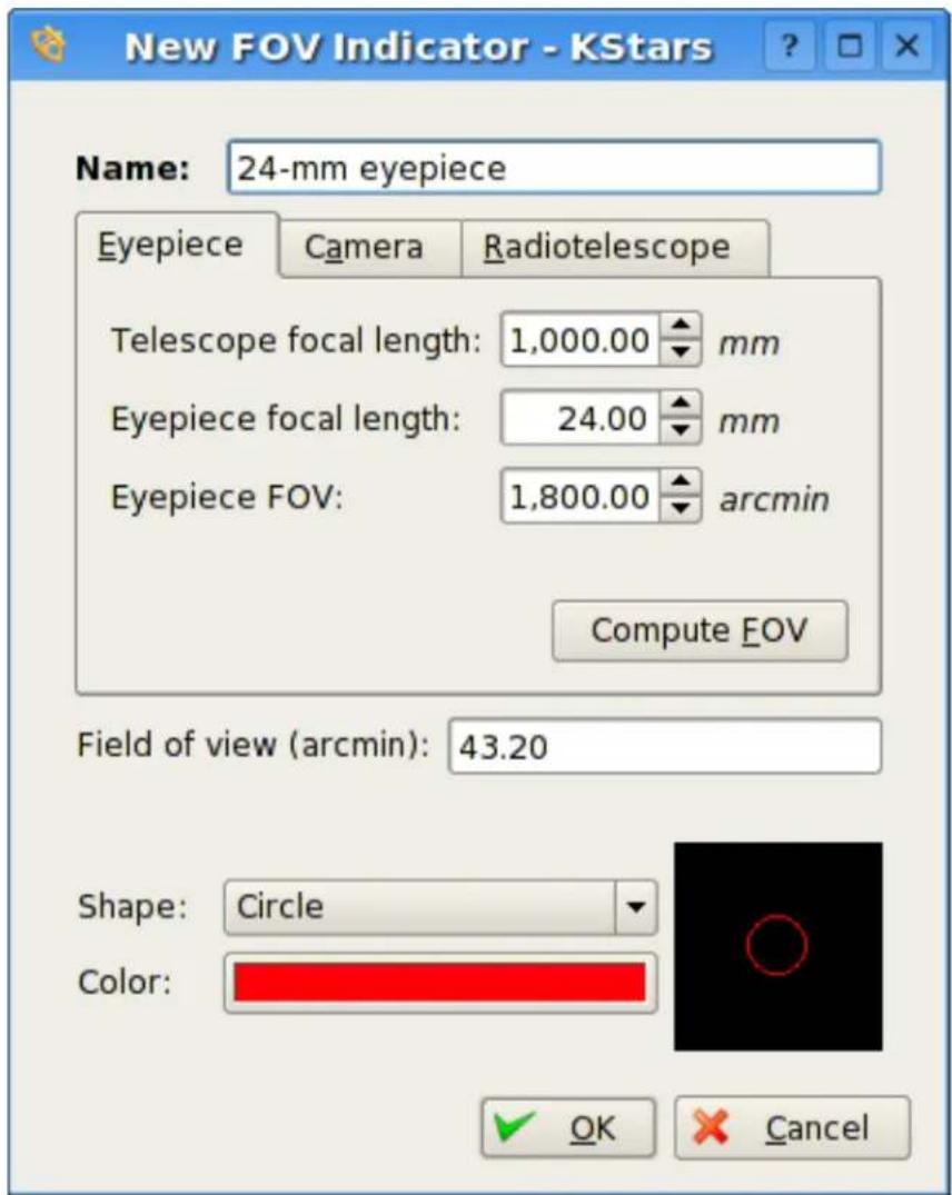 New FOV Indicator - KStars Name: 24-mm eyepiece Eyepiece Camera Radiotelescope Telescope focal length: 1,000.00 mm Eyepiece focal length: 24.00 mm Eyepiece FOV: 1,800.00 arcmin Compute FOV Field of view (arcmin): 43.20 Shape: Circle Color: OK Cancel