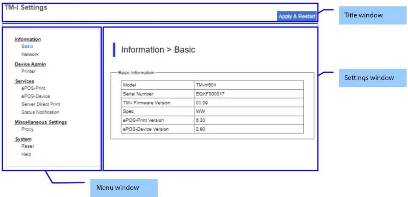 TM-i Settings Apply & Restart Information Basic Network Device Admin Printer Services ePOS-Print ePOS-Device Server Direct Print Status Notification Miscellaneous Settings Proxy System Reset Help Information > Basic Basic Information Model TM-m50II Serial Number EQKF000017 TM-i Firmware Version 01.0…