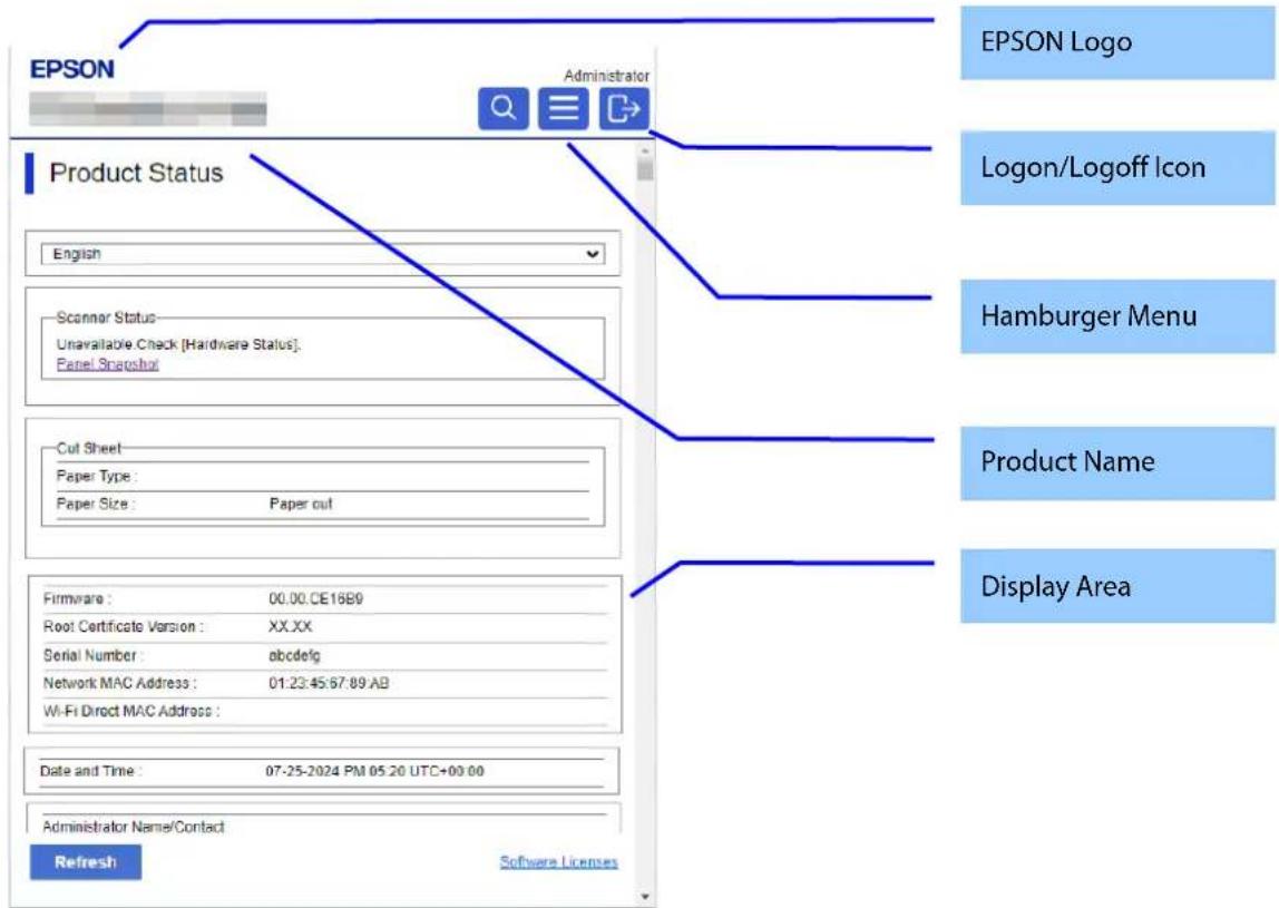 EPSON Administrator Product Status English Scanner Status: Unavailable Check [Hardware Status]. Panel Snapshot Cut Sheet Paper Type : Paper Size : Paper out Firmware : 00.00.CE16B9 Root Certificate Version : XX.XX Serial Number : abcdefg Network MAC Address : 01:23:45:67:89.AB Wi-Fi Direct MAC Addre…