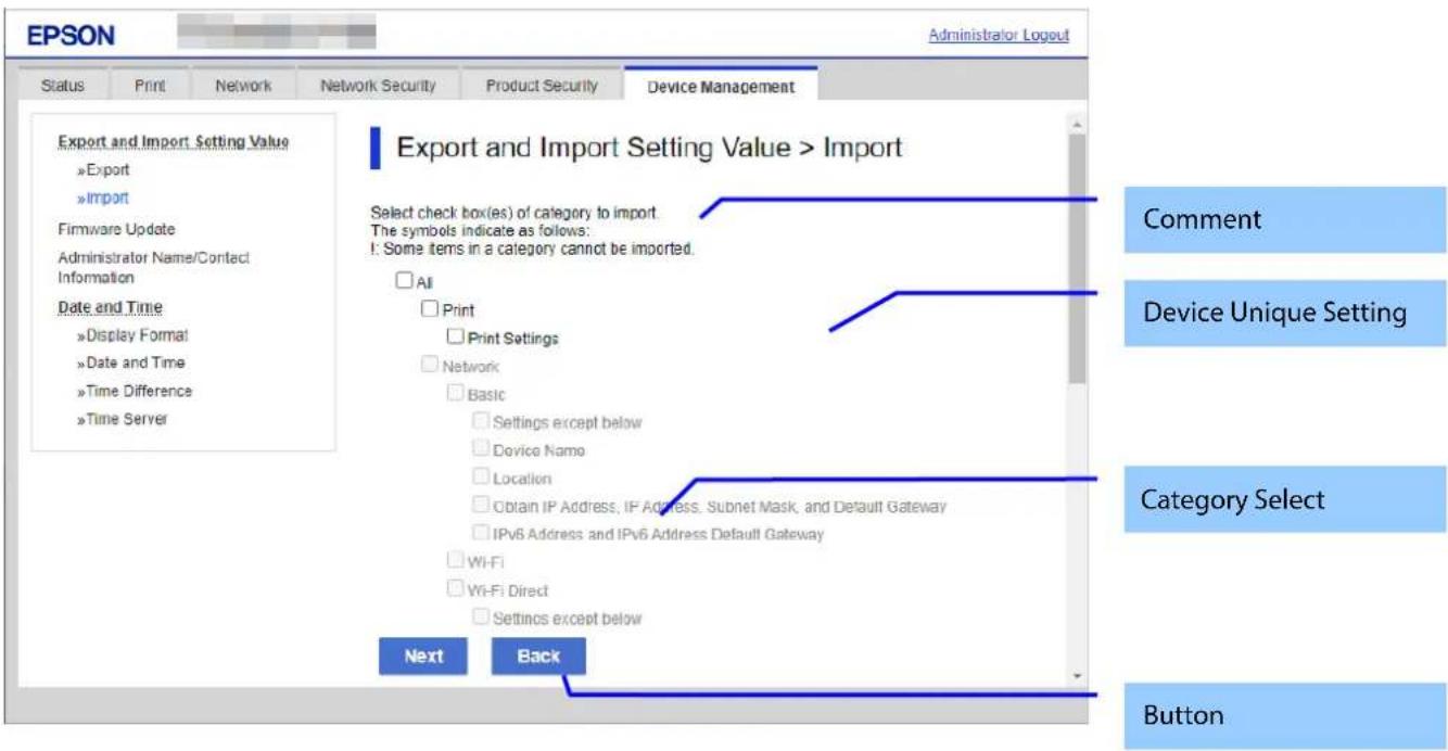 EPSON Administrator Logout Status Print Network Network Security Product Security Device Management Export and Import Setting Value »Export »Import Firmware Update Administrator Name/Contact Information Date and Time »Display Format »Date and Time »Time Difference »Time Server Export and Import Sett…