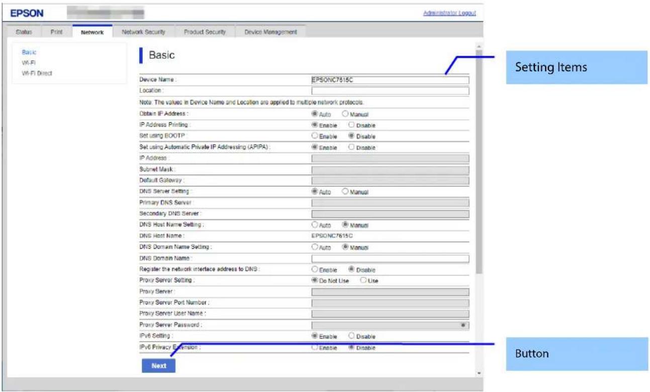 EPSON Administrator Logout Status Print Network Network Security Product Security Device Management Basic W-LI W-LI Direct Device Name : EPSONC7615C Location : Note: The values in Device Name and Location are applied to multiple network protocols. Obtain IP Address : Auto Manual IP Address Printing…