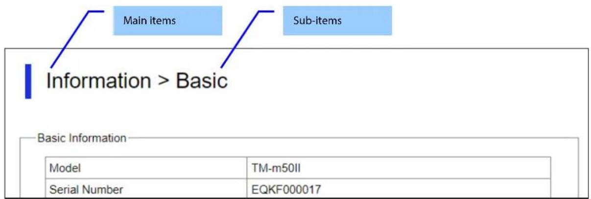 Main items Sub-items Information > Basic Basic Information Model TM-m50II Serial Number EQKF000017