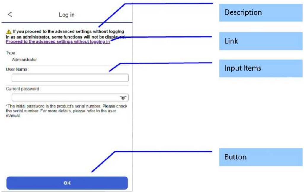 < Log in If you proceed to the advanced settings without logging in as an administrator, some functions will not be displayed. Proceed to the advanced settings without logging in * Type Administrator User Name Current password *The initial password is the product's serial number. Please check the se…