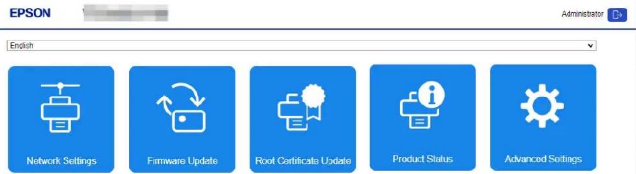 EPSON Administrator English Network Settings Firmware Update Root Certificate Update Product Status Advanced Settings