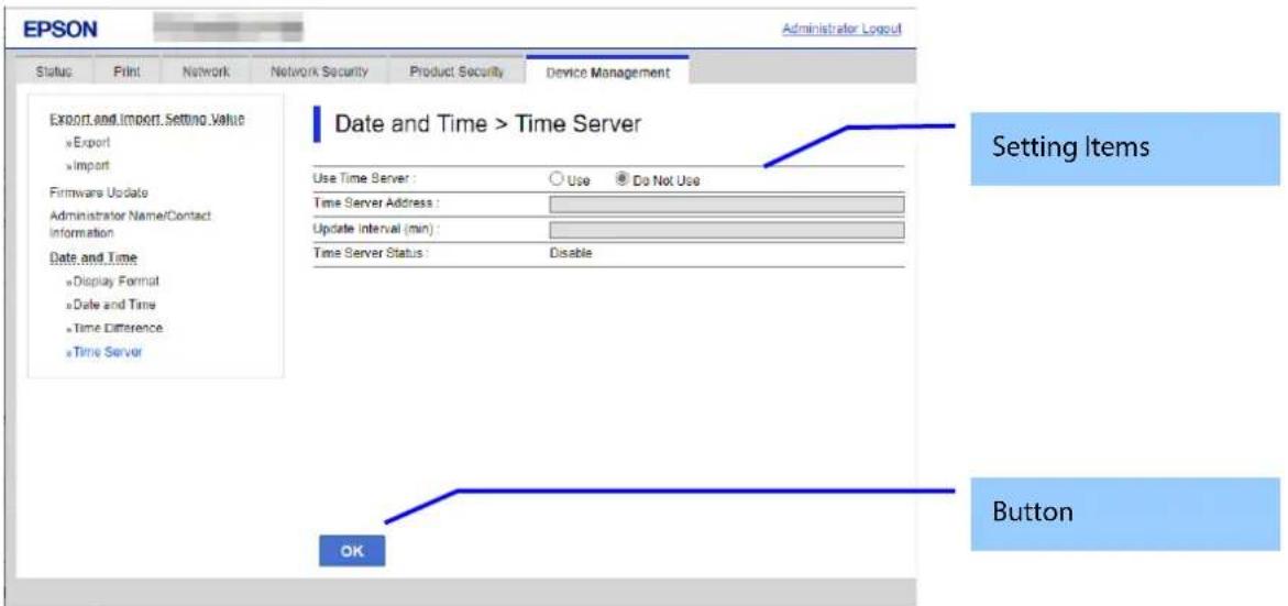 EPSON Administrator Logout Status Print Network Network Security Product Security Device Management Export and Import Setting Value Export Import Firmware Update Administrator Name/Contact Information Date and Time Display Format Date and Time Time Difference Time Server Date and Time > Time Server…