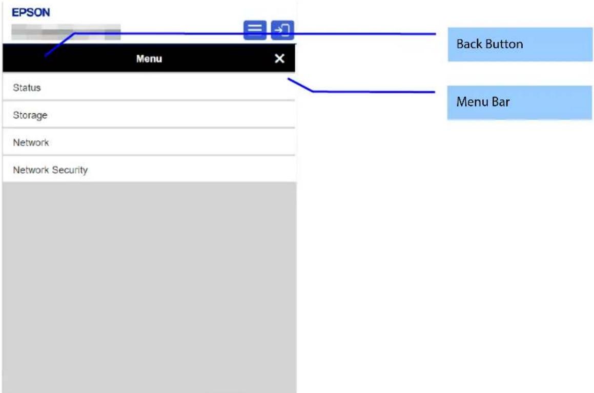 EPSON Menu Status Storage Network Network Security Back Button Menu Bar