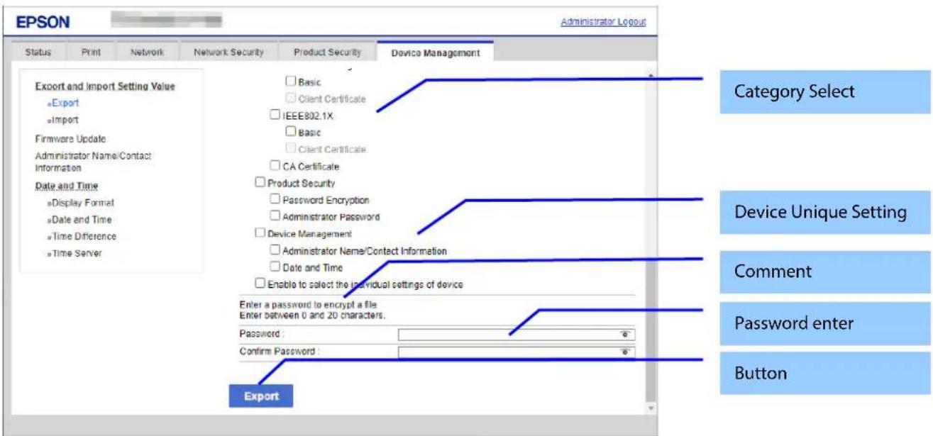 EPSON Administrator Logout Status Print Network Network Security Product Security Device Management Export and Import Setting Value =Export =Import Firmware Update Administrator Name/Contact Information Date and Time =Display Format =Date and Time =Time Difference =Time Server Basic Client Certifica…