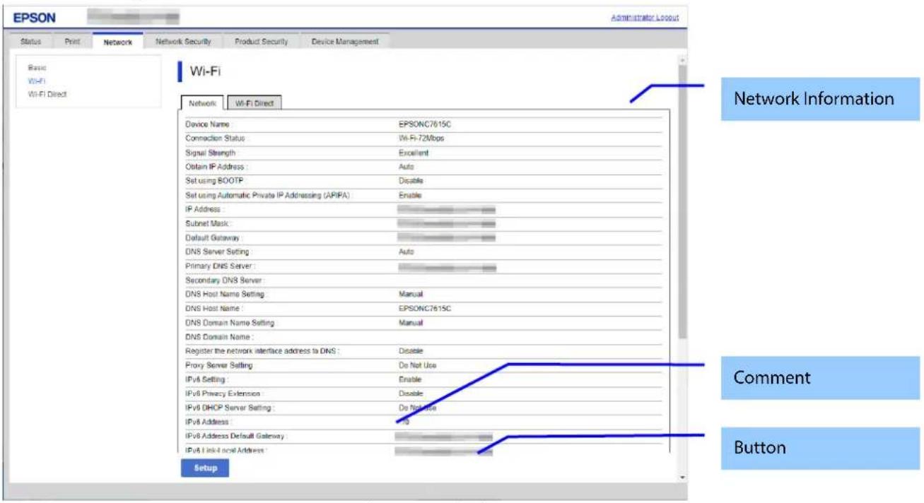 EPSON Status Print Network Network Security Product Security Device Management Basic Wi-Fi Wi-Fi Direct Wi-Fi Network Wi-Fi Direct Device Name EPSONC7615C Connection Status Wi-Fi-72Mbps Signal Strength Excellent Obtain IP Address: Auto Set using BOOTP Disable Set using Automatic Private IP Addressin…