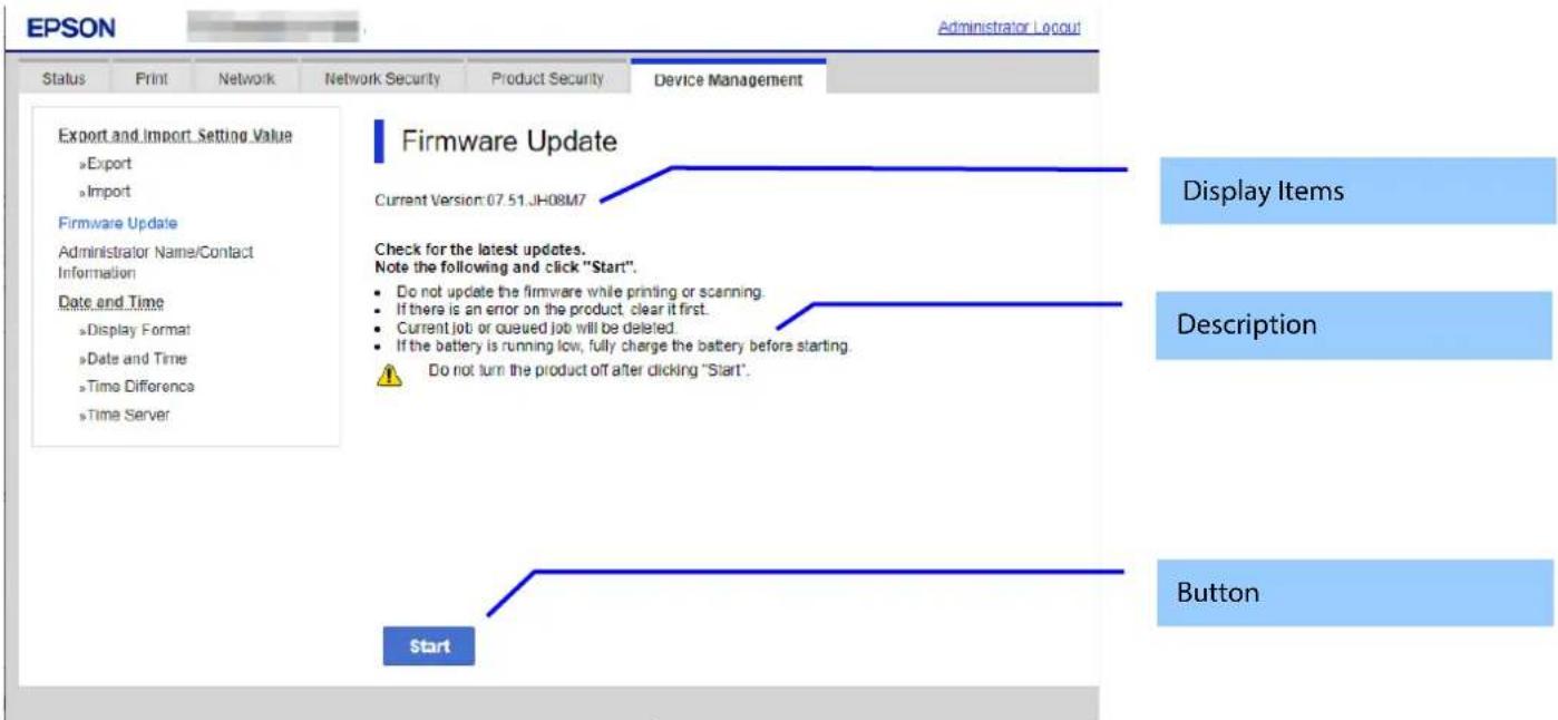EPSON Administrator Locout Status Print Network Network Security.Product Security Device Management Export and Import Setting Value »Export »Import Firmware Update Administrator Name/Contact Information Date and Time »Display Format »Date and Time »Time Difference »Time Server Firmware Update Curren…