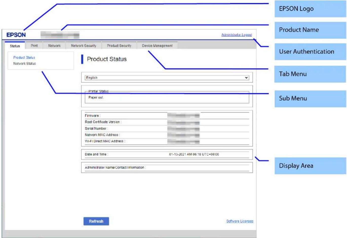 EPSON Administrator Logout Status Print Network Network Security Product Security Device Management Product Status Product Name User Authentication Tab Menu Sub Menu Product Status English Printer Status Paper out. Firmware : Root Certificate Version : Serial Number : Network MAC Address : Wi-Fi Dir…