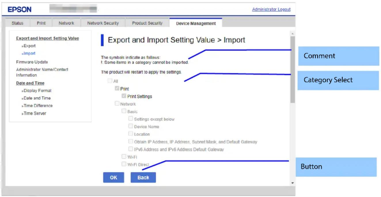 EPSON Administrator Logout Status Print Network Network Security Product Security Device Management Export and Import Setting Value »Export »Import Firmware Update Administrator Name/Contact Information Date and Time »Display Format »Date and Time »Time Difference »Time Server Export and Import Sett…