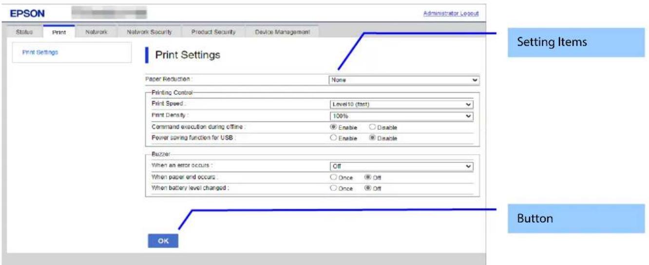 EPSON Administrator Layout Status Print Network Network Security Product Security Device Management Print Settings Print Settings Paper Reduction: None Printing Control Print Speed: Level10 (fast) Print Density: 100% Command execution during offline: ○ Enable ○ Disable Power saving function for USB:…