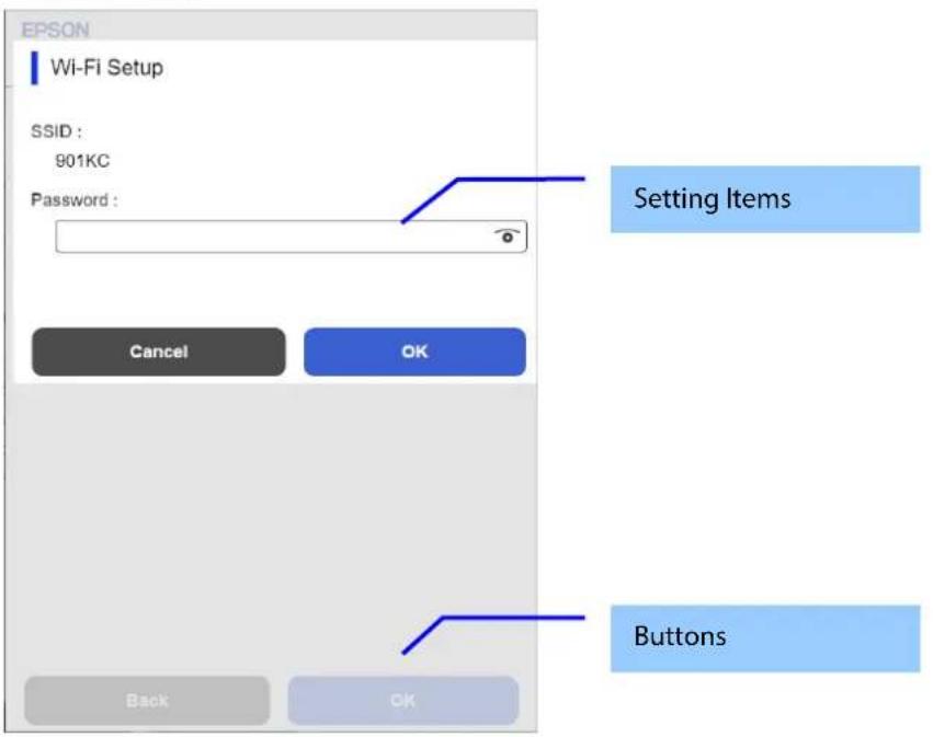 EPSON Wi-Fi Setup SSID : 901KC Password : Setting Items Cancel OK Buttons Back OK