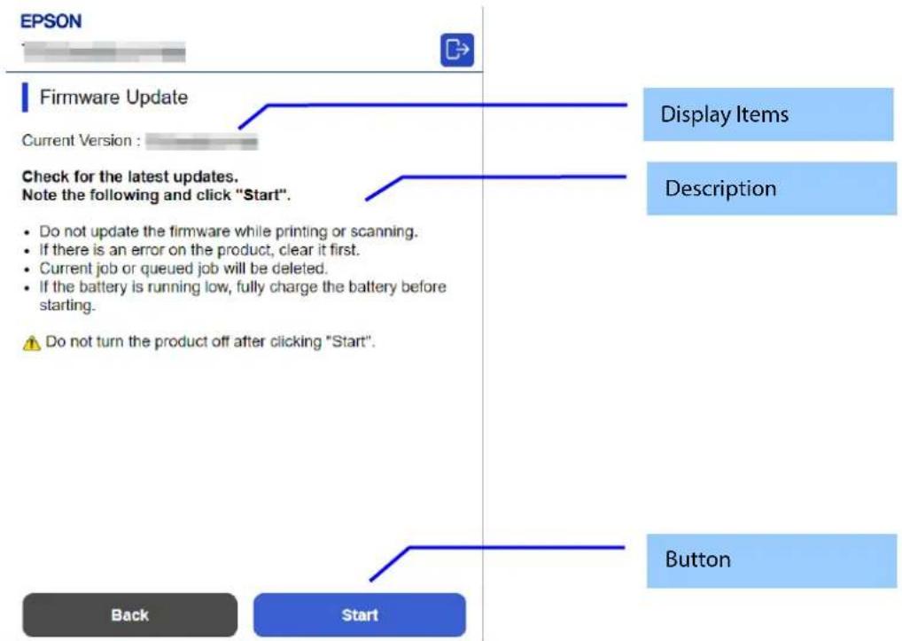 graph TD A["Back"] --> B["Start"] C["Firmware Update"] --> D["Current Version :"] D --> E["Check for the latest updates. Note the following and click "Start".<br>• Do not update the firmware while printing or scanning.<br>• If there is an error on the product, clear it first.<br>• Current…