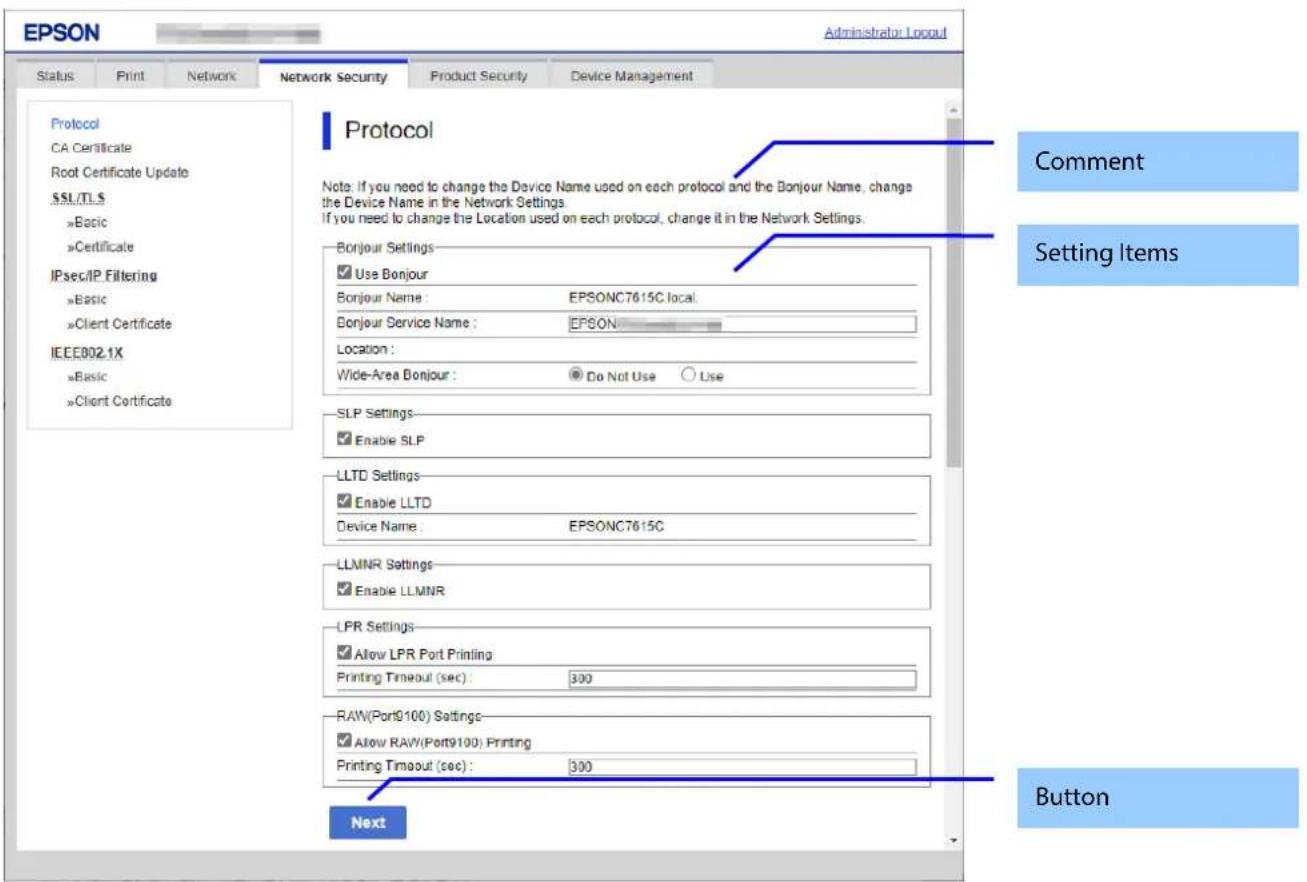 EPSON Status Print Network Network Security Product Security Device Management Protocol CA Certificate Root Certificate Update S$L/TLS »Basic »Certificate IPsec/IP_Filtering »Basic »Client Certificate IEEE002.1X »Basic »Client Certificate Administrator: Logout Comment Setting Items Bonjour Settings…