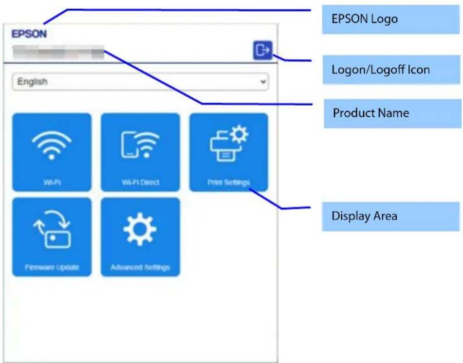 EPSON English WiFi WiFi Direct Print Settings Firmware Update Advanced Settings EPSON Logo Logon/Logoff Icon Product Name Display Area