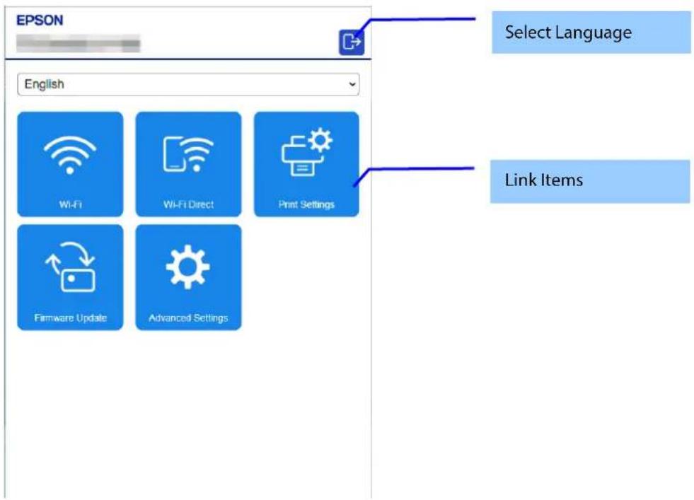 EPSON Select Language English Wi-Fi Wi-Fi Direct Print Settings Firmware Update Advanced Settings Link Items