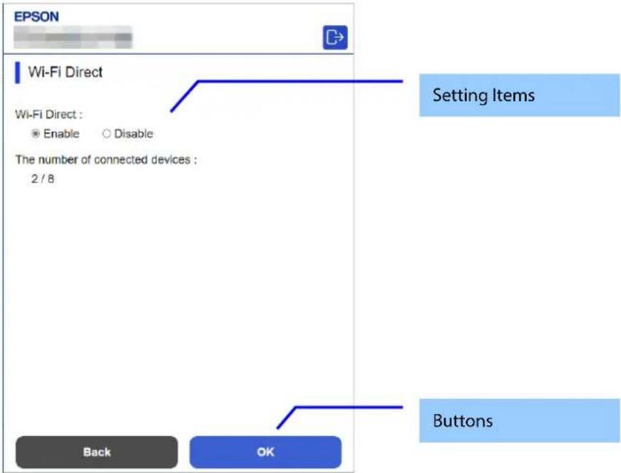 EPSON Wi-Fi Direct Wi-Fi Direct : Enable Disable The number of connected devices : 2 / 8 Setting Items Buttons Back OK