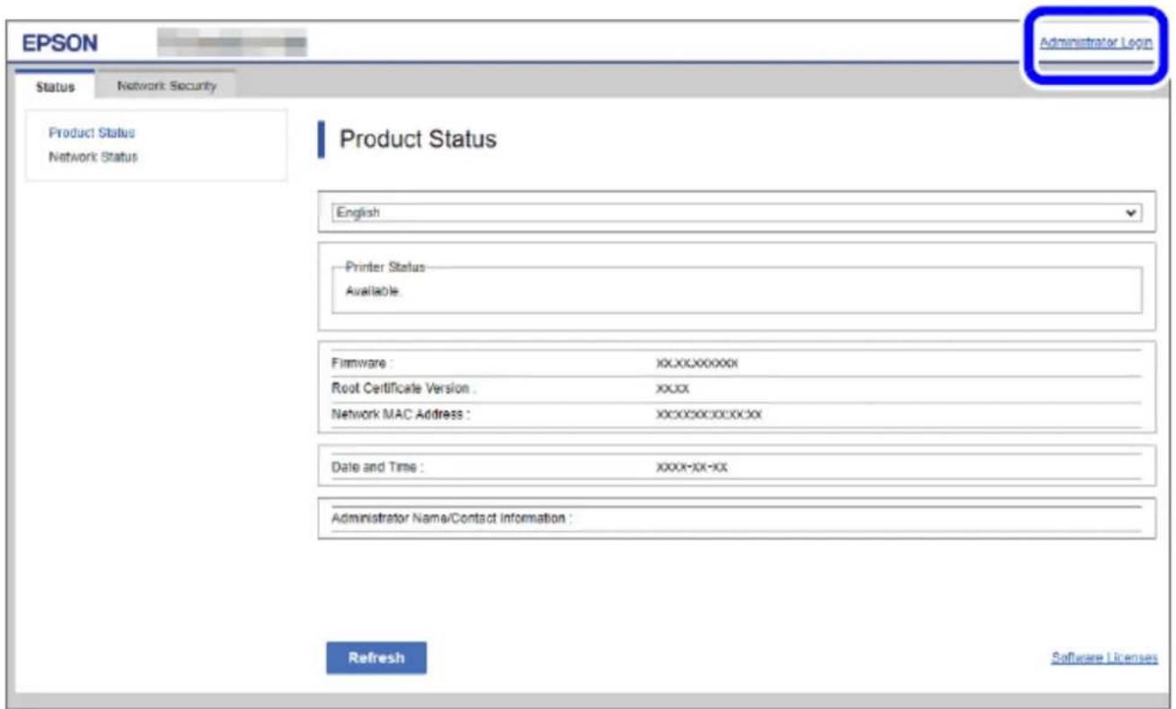 EPSON Status Network Security Product Status Network Status Product Status English Printer Status Available Firmware: XX.XX.XXXXXX Root Certificate Version: XXXX Network MAC Address: XXXXXXX.XXX.XX Date and Time: XXXX-XX-XX Administrator Name/Contact Information : Refresh Software Licenses Administr…