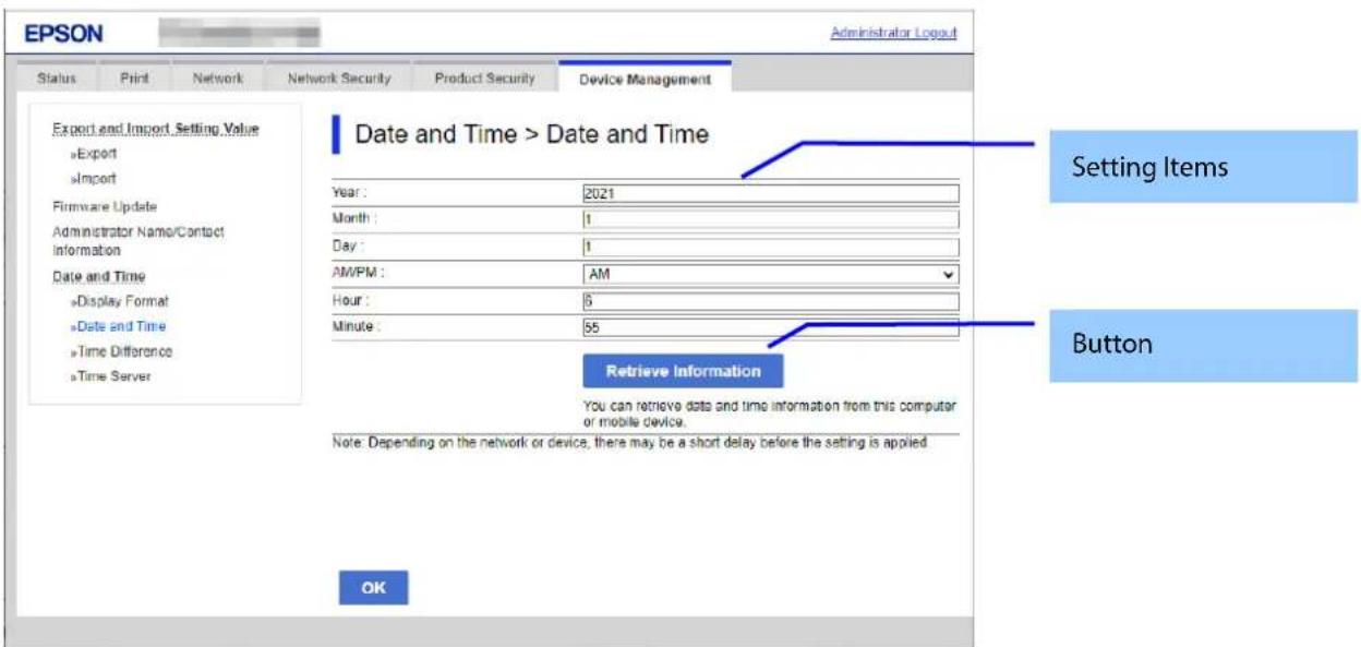 EPSON Administrator Logout Status Print Network Network Security Product Security Device Management Export and Import, Setting Value Export Import Firmware Update Administrator Name/Contact Information Date and Time Display Format Date and Time Time Difference Time Server Date and Time > Date and Ti…