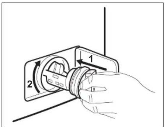 Diagram showing a hand inserting a component into a device with labeled parts 1 and 2