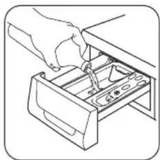 Line drawing of a hand using a tool to adjust or install a mechanical component into a drawer (no text or symbols)