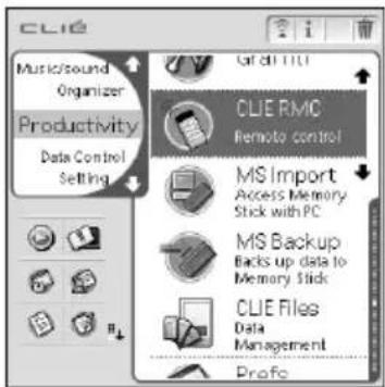CLIQ Music/sound Organizer Productivity Data Control Setting Gri dcl 1100 CLIE RMC Remote control MS Import Access Memory Stick with PC MS Backup Backs up data to Memory Stick CUE Files Data Management Profo