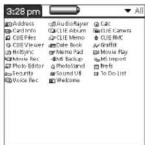 3:28 pm Address Card Info CUE Files CUE Viewer HotSync Movie Rec Photo Editor Security Voice Rec AudioPlayer CLIE Album CLIE Memo Date Book Memo Pad M6 Backup PhotoStand Sound UI Welcome Calc CLIE Camera CUE RMC Graffiti Movie Play MS Import Prefs To Do List