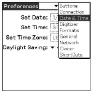 Preferences Set Date: 1/ Set Time: Set Time Zone: US Daylight Saving: ▼ Buttons Connection Date & Time Digitizer Formats General Network Owner ShortCuts