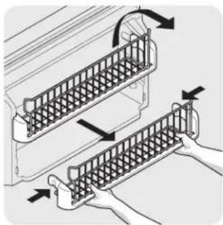 Illustration of two hands holding a rack-mounted device with arrows indicating rotation or movement (no text or symbols)
