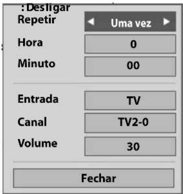 : Desligar Repetir Uma vez Hora 0 Minuto 00 Entrada TV Canal TV2-0 Volume 30 Fechar