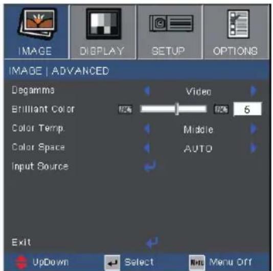 IMAGE | ADVANCED Degamma Brilliant Color Color Temp. Color Space Input Source Video 6 Middle AUTO Exit UpDown Select Help Menu Off