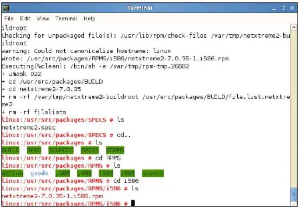 File Edit View Terminal Help ildroot checking for unpackaged file(s): /usr/lib/rpm/check-files /var/tmp/netxtreme2-buildroot warning: Could not canonicalize hostname: linux wrote: /usr/src/packages/RPMS/i586/netxtreme2-7.0.35-1.i586.rpm Executing(%clean): /bin/sh -e /var/tmp/rpm-tmp.26682 + umask 02…