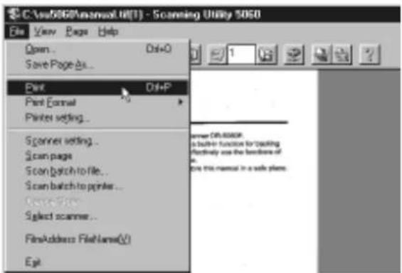 C:\Users\506\manual\UI(1) - Scanning Utility 5060 File View Page Help Open... Dif+O Save Page As... Print Dif+P Print Format Printer setting... Scanner setting... Scan page Scan batch to file... Scan batch to printer... Scan Date Select scanner... FilesAddress FileName(V) Exit