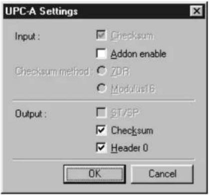 UPC-A Settings Input: ✓ Checksum □ Addon enable Checksum method: ○ ZDR ○ Modulus16 Output: □ ST/SP ✓ Checksum ✓ Header 0 OK Cancel